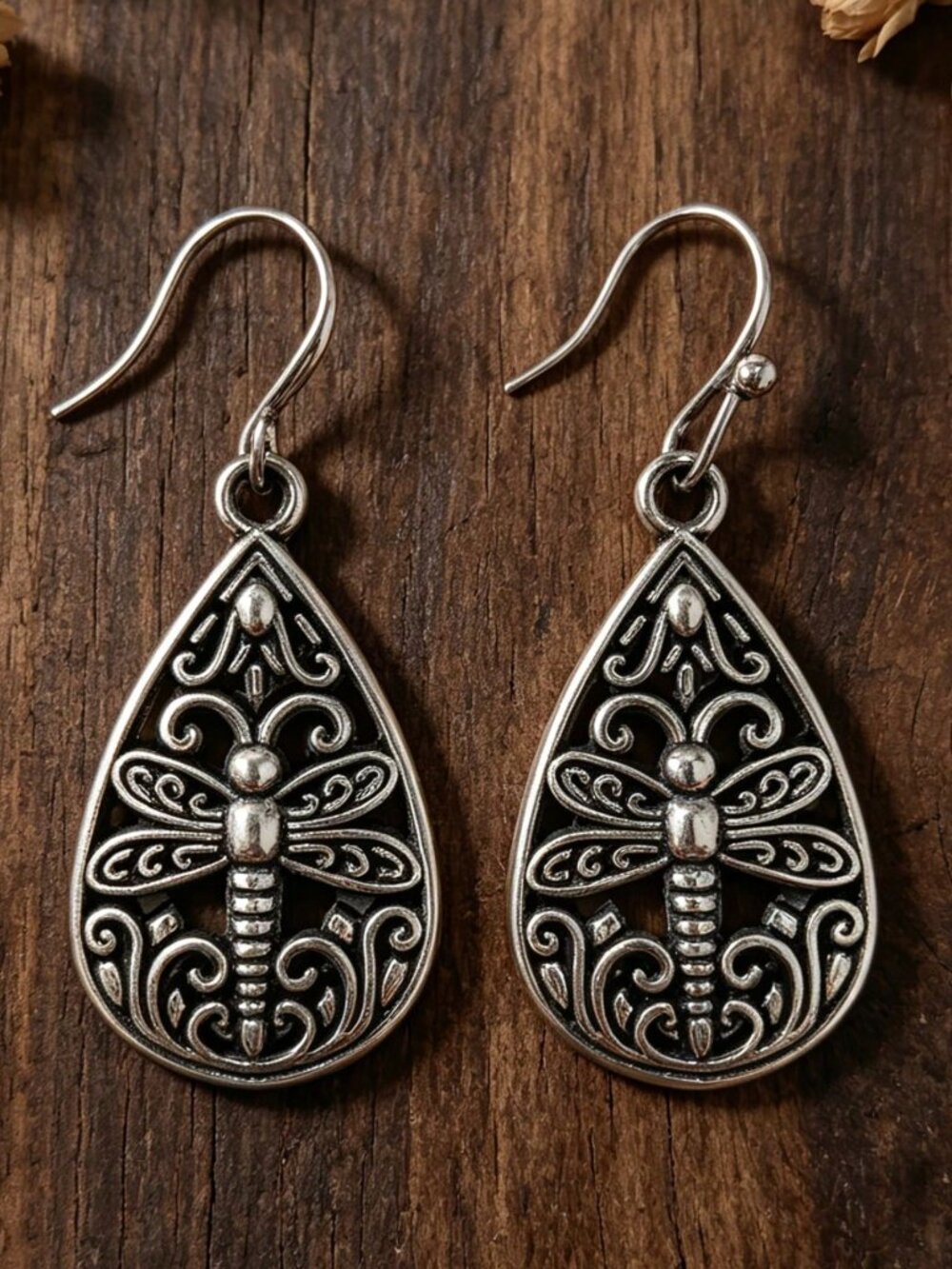 Pair Antique Silver Hollow Water Drop Dragonfly Carved Earrings, Vintage style